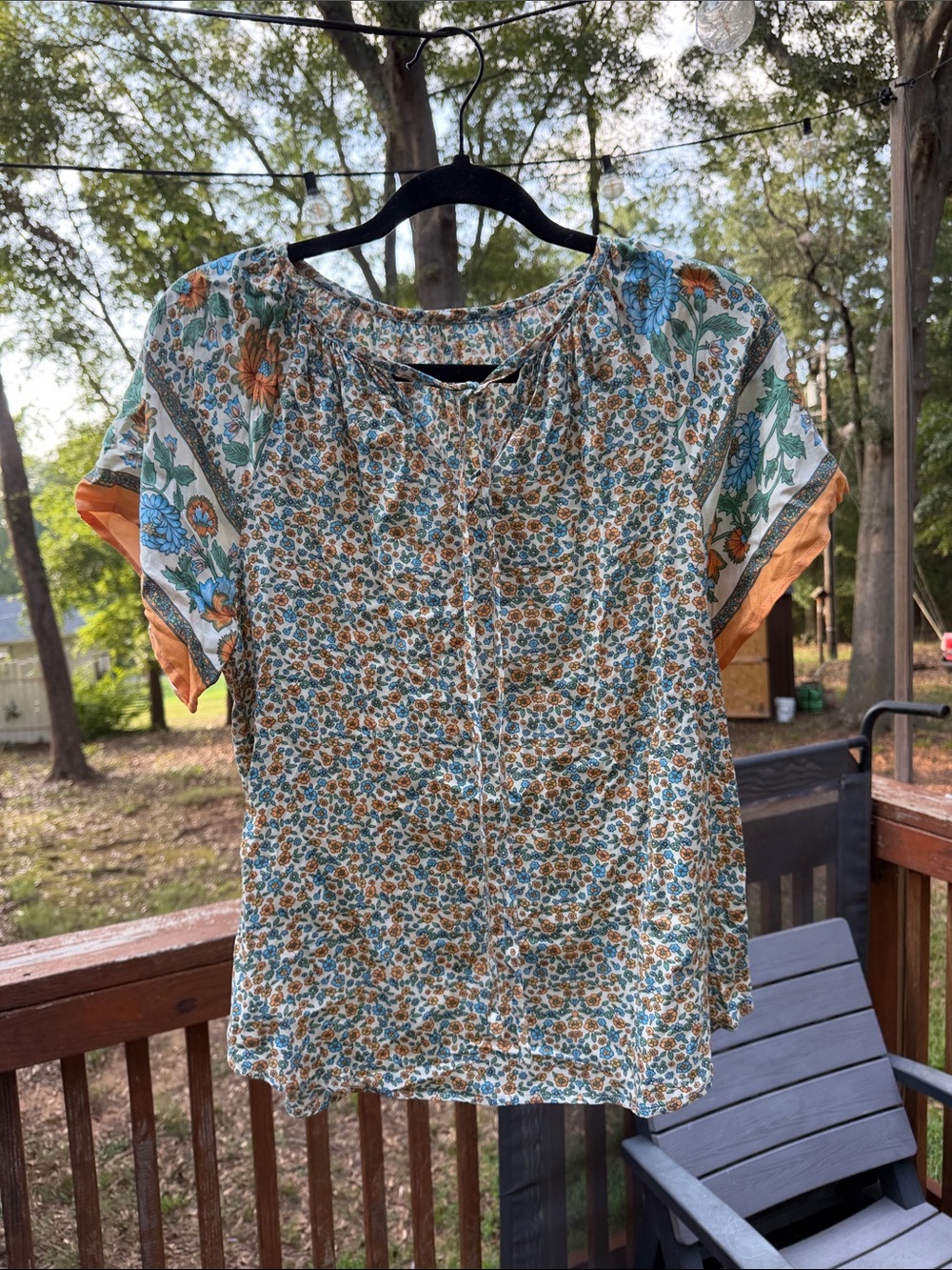 Floral Short-Sleeve Blouse in Blue and Orange